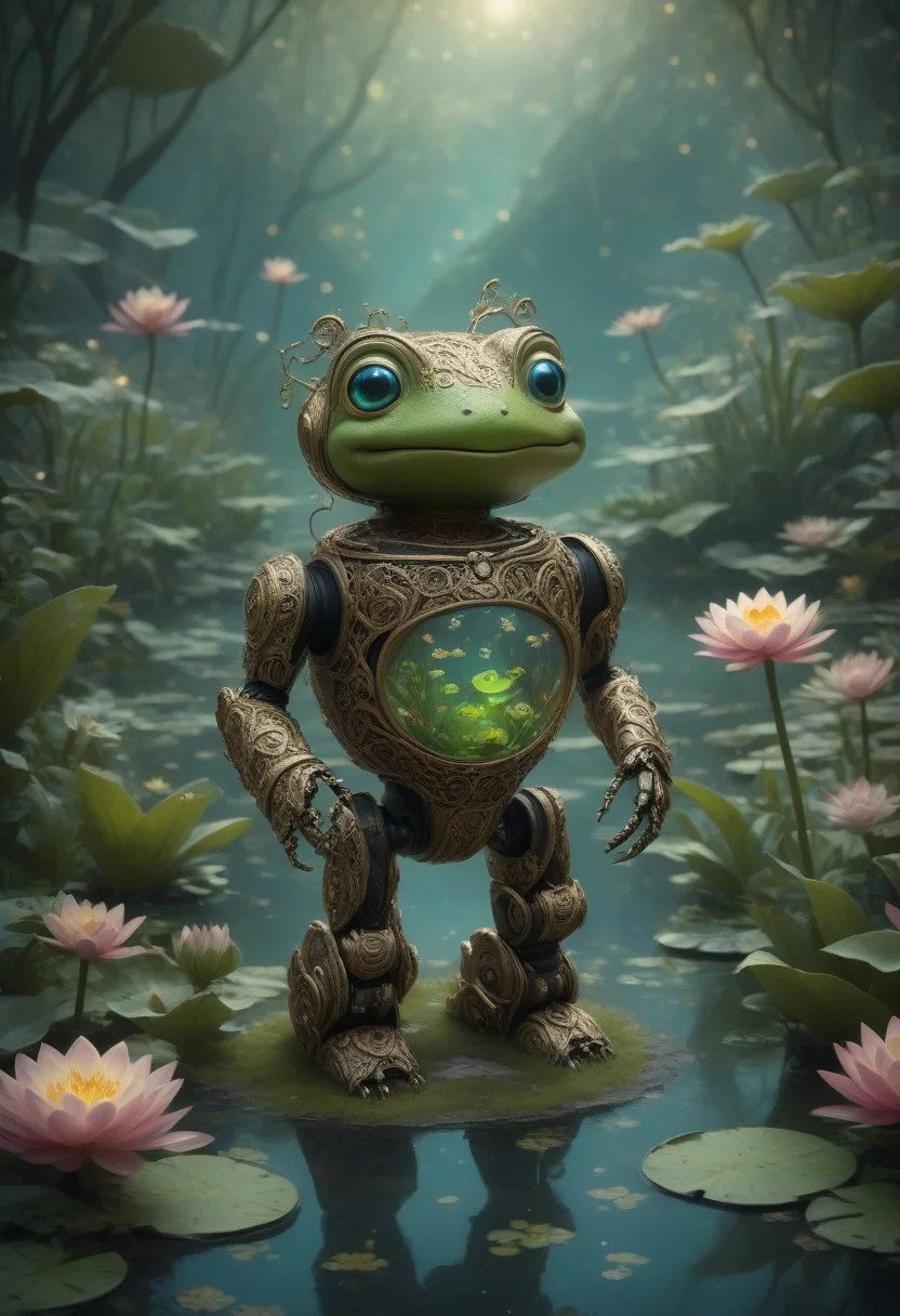 manuka robot, cute, fantasy, happy, holding a frog, at a pond with waterlilies and frogs,,intricate details, 8k, cinematic film still, ultra sharp