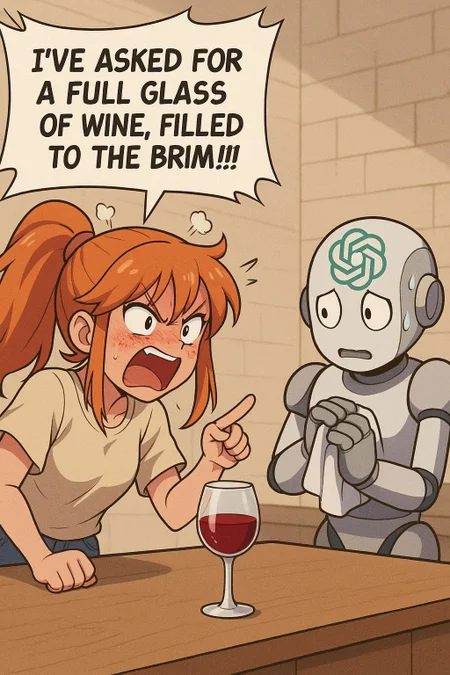 A young woman, ginger, anime style, with freckles, she's very very angry, face red with anger, she's gesticulating, yelling at a glass of wine. A balloon text says "I'VE ASKED FOR A FULL GLASS OF WINE, FILLED TO THE BRIM!!1!". behind the counter it's a robot with ChatGPT logo on his head. The robot is scared and in a protective pose, holding a wet rag