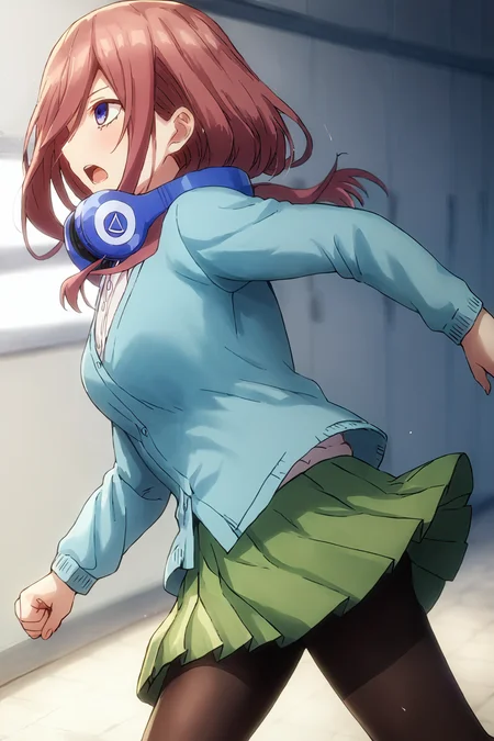 sharp focus, pixiv masterpiece, intricate details, source_anime, score_8_up, score_7_up, score_9, 1girl, M1kuNakan0_PXL, M1kuNakan0_PXL, cowboy shot, from side, headphones, long-sleeve_shirt, mini-skirt, tights, running, slightly open mouth,,<lora:Miku_Nakano_PonyXL_15:1>,