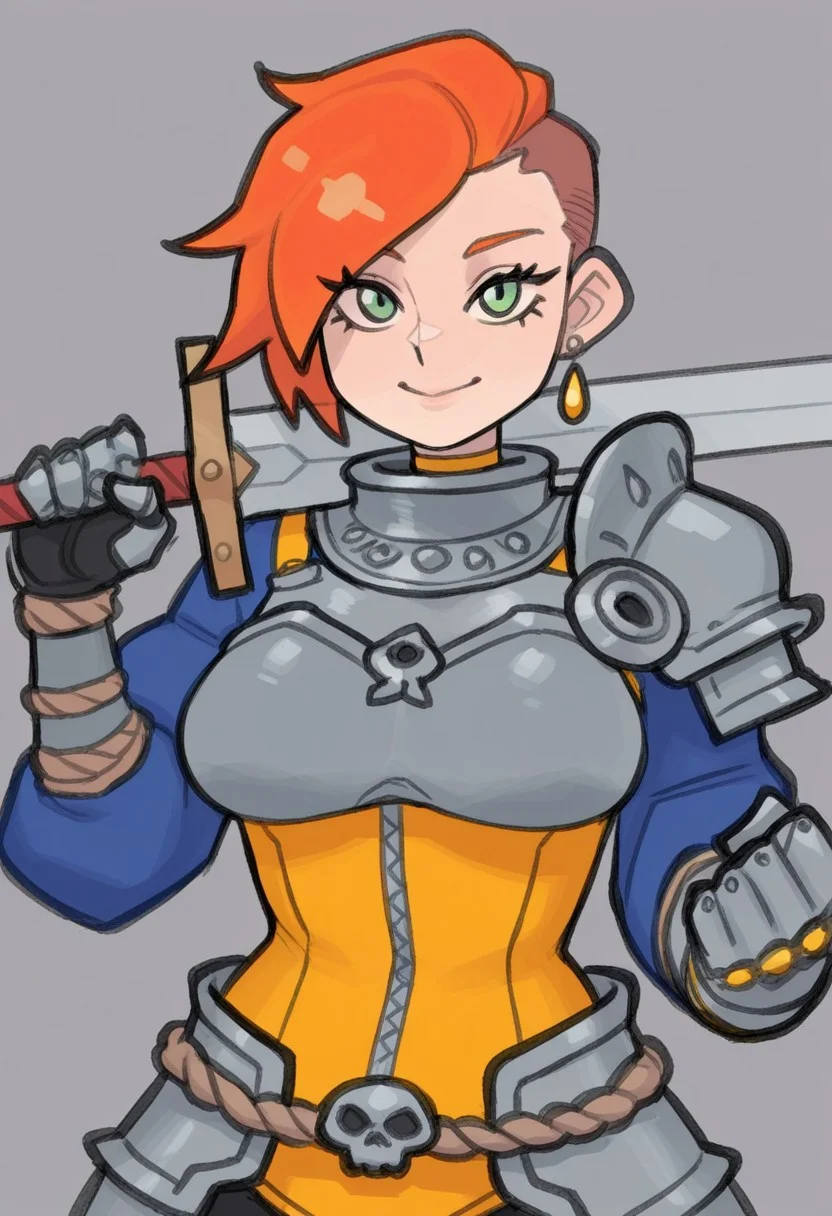 ruka481,
1girl, solo, undercut, smile, earrings, jewelry, breasts, upper body, orange hair, short hair, green eyes, closed mouth, shoulder armor, single pauldron, medium breasts, grey armor, blue sleeves, yellow corset, looking at viewer, holding, armor, weapon, long sleeves, skull, standing, sword, holding weapon, gauntlets, over shoulder, sword over shoulder, weapon over shoulder, rope, rope belt, arm armor, gorget, underbust, corset, kote, eyelashes, clenched hands, faulds