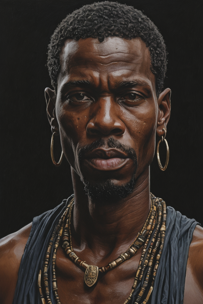 oil painting of african man,dark shot,dramatic,extremely detailed,intricate,by Greg Rutkowski