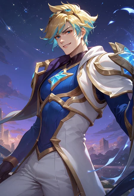 Score_9, Score_8_up, Score_7_up, best quality, shading, shading detailed, countershading, Expressiveh, dynamic scene, starry night, streaked sky, anime,
Star Guardian Ezreal, (((solo))), 1boy, male focus, handsome face, blonde hair, blue eyes, multicolored hair, blonde hair, blue hair, pale skin, detailed skin, skin shading, white jacket, white pants, gloves, star guardian (league of legends), smirking at viewer, standing