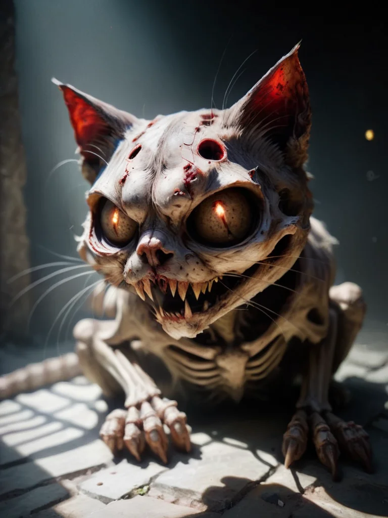 full body shot, skeleton cat looking for food, evil cat, dead cat, bloody open mouth, basement, bright sunlight, stone floor, zkeleton <lora:zkeleton-sdxl:1>