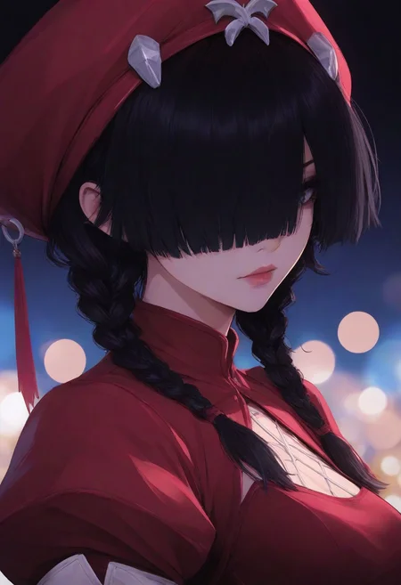 best quality, masterpiece, highly detailed, 
1 female, psyl0ck3bk, hat,  black hair, , red headwear , red dress, braid, puffy sleeves,  hair over one eye,, bangs, twin braids, ,  close up, bokeh, luminescent background,
