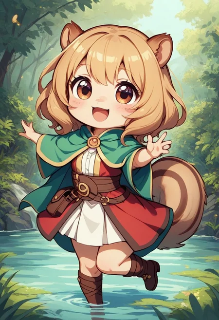 score_9, score_8_up, score_7_up, best quality, fine detail, cute, squirrel girl, chibi, dancing, near a river, god rays, beautiful, happy