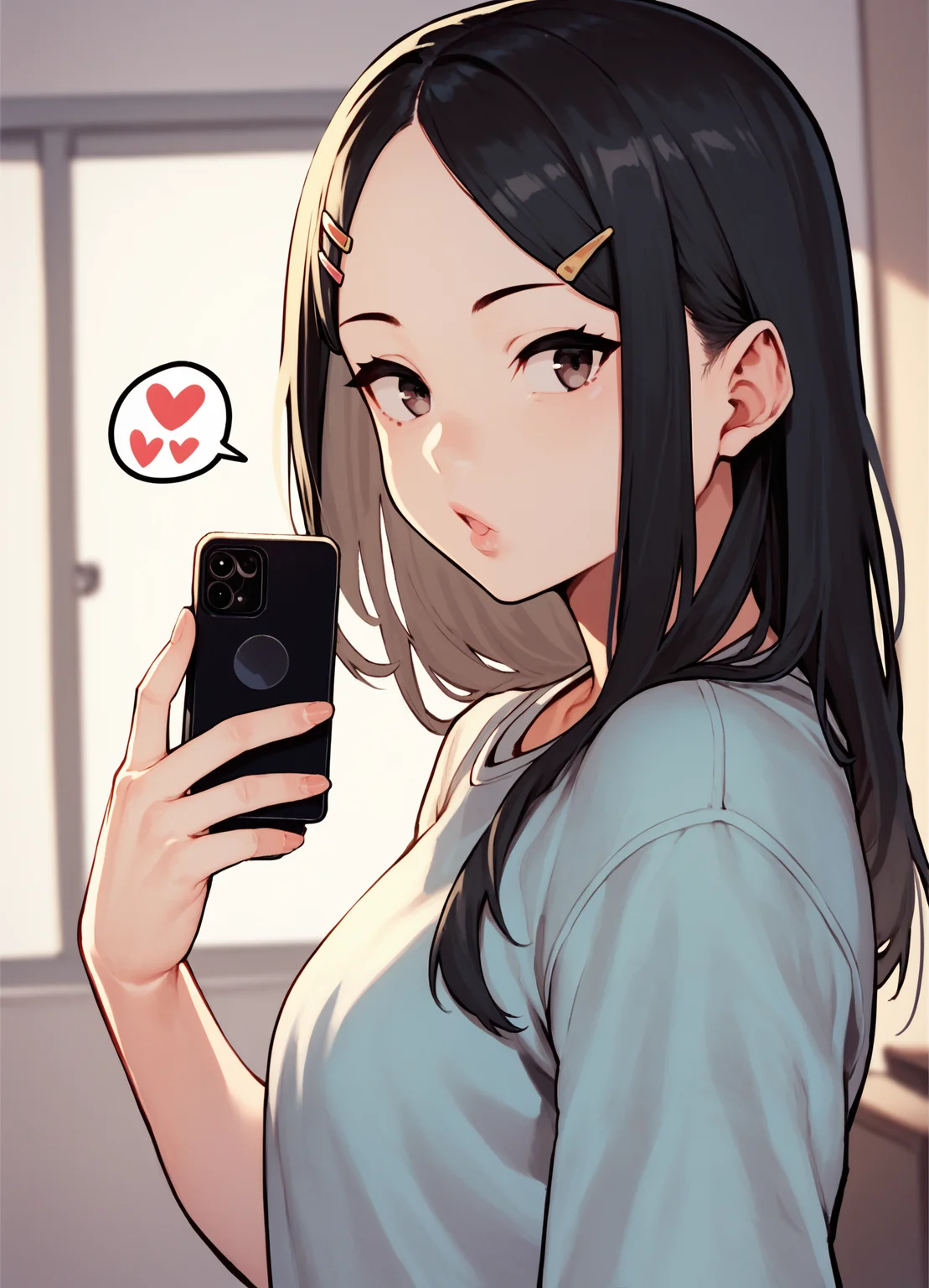 score_9, score_8_up, score_7_up,   cowboy shot, from side,  1girl, smartphone,  selfies,  forehead,  hair clip, spoken heart, black hair, bangs,
,   <lora:Henkuma_PonyXL_V2_dim32-000032:1>