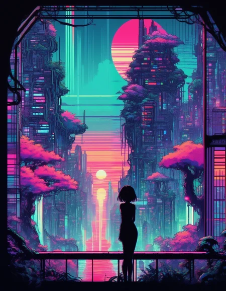 glitch art, glitches, artifacts, anime style, 90s anime, retro, pixels, flat colors, line art, silhouette, side view, young woman, shorter black hair, large breasts, large nipples, standing at the window, overlooking a endless sci-fi city, gigantic futuristic buildings, overgrown, vines, gigantic trees, fantasy creatures, colorful vegetation, flooded, waterfalls, bridges, colorful neon lights, sunset, fog, moons, chromatic aberration, heavy film grain