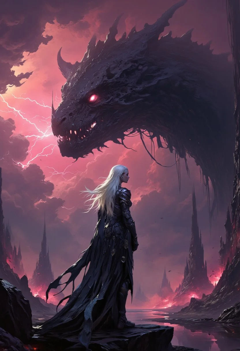 hyper realistic and highly detailed, highly dynamic cinematic medium full shot view, an atmospheric and powerful dark fantasy, natural organic and impressionist classical-style painting of a female Death Knight with a beautiful face and extremely long silver hair standing next to the colossal head of an undead dragon, glowing eyes, dark clouds, stormy weather, lightning, concept art, fantasy art, dark fantasy art, atmospheric haze, motion blur, depth of field, cinematic, panoramic action movie full shot, panoramic full shot, Salmon Pink hue and vibrant Heliconia tint