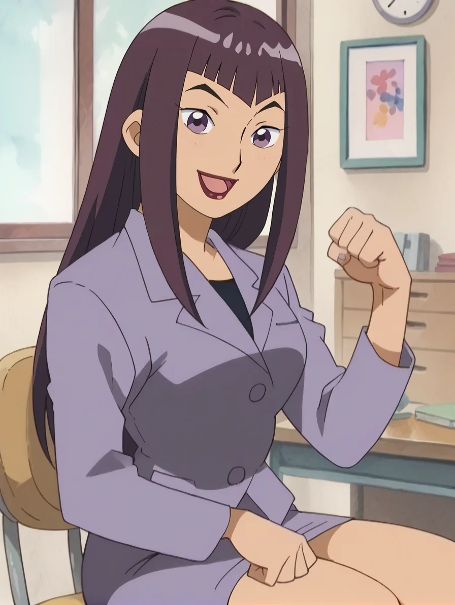 score_9, score_8_up, score_7_up, score_6_up, score_5_up, score_4_up,source_anime,anime screencap,1girl,medium breasts,glistening body,shiny_skin,dewy skin,BREAK
<lora:seki_pony_v1:1> ojsekisense, purple eyes, purple hair, long hair, bangs, blunt bangs, lipstick,pencil skirt,suit,sitting on chair, raised hand,open mouth, smile,desk,raised fist,