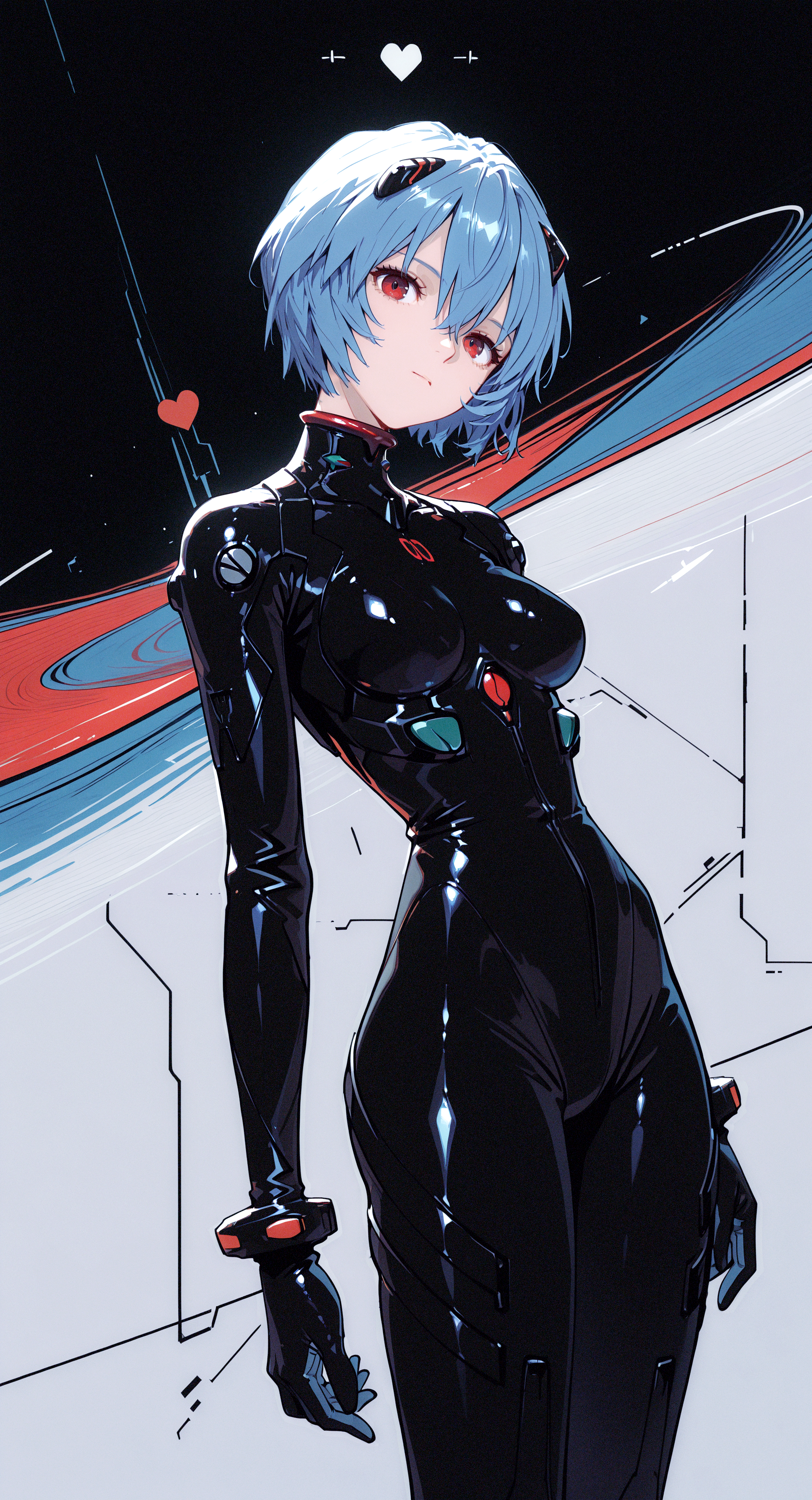 masterpiece, best quality, good quality, newest, highres, absurdres, ayanami rei, 1girl, solo, breasts, looking at viewer, short hair, red eyes, hair between eyes, closed mouth, medium breasts, standing, blue hair, heart, head tilt, bodysuit, headgear, science fiction, light blue hair, black bodysuit, pilot suit, plugsuit, interface headset
Dutch angle,dynamic pose, line style,
G0zeNA_illu, abstract, surreal
Flatline, Flat vector illustration <lora:illustriousXL_stabilizer_v1.23:0.3> <lora:NOOB_vp1_detailer_by_volnovik_v1:0.3> <lora:ponyv6_noobE11_2_adamW-000017:0.3> <lora:LightColor1llust:0.8> <lora:G0zeNA_style:0.7> <lora:checkpoint-e18_s306:1.3>