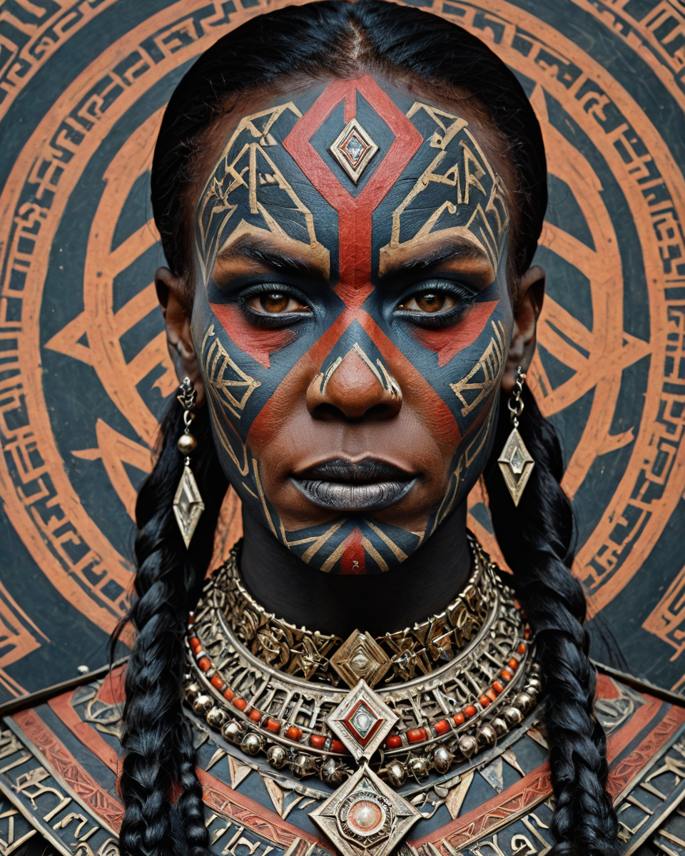traditional Cameroonian Female Klingon, portrait <lora:shaman2:1> adrr-shmn, tattoo, colored skin, jewelry, facepaint, highly detailed, sublime, highly complex, highly contrasted, holy, highly enhanced, perfect symmetry, epic composition