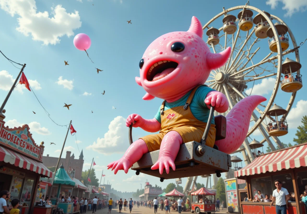 blob creature, tiny gelatinous blob with axolotl faces, Axolotl wearing a cotton candy vendor uniform at a fair riding a Ferris wheel with a delighted expression<lora:Axomodel_Flux_V2.safetensors:0.7:0.7> <lora:Blob_Creature_FLUX.safetensors:1:1>