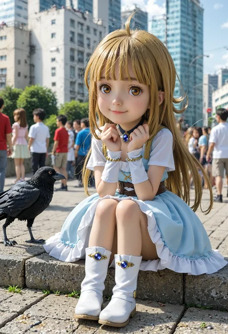 <lora:Hyper-SDXL-8steps-lora:1> <lora:Fixhands_anime_bdsqlsz_V1:1> zPDXL2, score_9, score_8_up, score_7_up, source_anime, intricate details, perfect anatomy BREAK
outdoors, city, tokyo, japan, audience, crowd, having coffee, sitting, looking at viewer, Happy, wide smile with raised cheeks and crow's feet around the eyes., 1girl, solo, solo focus,
<lora:driland-mikoto_XL(pony)v10:1> (chibi:0.6), driland-mikoto, blonde hair, long hair, brown eyes, driland-mikoto outfit, armored dress, breastplate, detached sleeves, blue skirt, white boots,