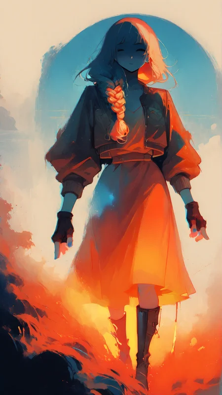 masterpiece, newest,absurdres,incredibly absurdres, best quality, amazing quality, very aesthetic,
1girl, walking across dry open plain, cropped bomber jacket in deep blue over burnt orange dress, knee-high boots with red straps, fingerless gloves, thick braid with gold thread, short loose bangs, steel-blue theme, orange theme, yellow theme, red theme, amber hue, cobalt hue, low sun casting long shadows, blur from dust in foreground, flickers of color trailing in fabric edges, heat shimmer near horizon,
<lora:0__11Xx:1> 0__11Xx_illu, <lora:Retro_Glitch:1> <lora:style1_v1_Illusv2.0_1:1> stylized <lora:matcha:1>