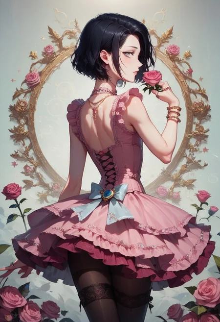 score_9, score_8_up, score_7_up, 1boy, femboy, otoko no ko, short hair, bob cut hair, black hair, grey eyes, gray eyes, feminine face, toned body, Shelly, pantyhose, ruffles, pink rose, thighhighs, flowers, rose corsage, sleeveless, necklace, jewelry, bracelet, pink dress, rose, ring, pink frilly dress, flower, lace trim, frilled dress, underlayment, highly detailed, intricate, zzCitronCAT, flirty expression, standing, bending over, arched back, leaning forward, rear view, looking back at viewer, cowboy shot, modelshoot, abstract background, solo