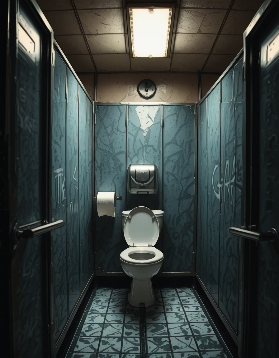 A highly realistic, detailed photograph of a public restroom stall from a human eye-level perspective. The stall is constructed with dull, light gray metal partitions showing subtle scratches and wear from years of use. The door is slightly ajar, with a simple metal latch and a small gap visible at the bottom and top of the door. Inside the stall, there is a standard white ceramic toilet with a chrome flush handle, positioned against a wall of white, slightly aged subway tiles. The floor is covered with small, dark gray hexagonal tiles, with faint reflections from the overhead fluorescent lighting. A single toilet paper dispenser made of stainless steel is mounted to the side wall, partially filled, with a torn sheet hanging loosely. The lighting is cool and sterile, casting soft shadows and emphasizing the slightly utilitarian, worn-out atmosphere of the space. Subtle details like faint graffiti scratched into the partition, a discarded paper towel near the floor, and small water stains near the base of the toilet contribute to the realistic, everyday public restroom feel. The photo is sharp, with a neutral color palette and an urban documentary style.
 <lora:SDXLFaeTastic2400:0.4> <lora:extremely_detailed:0.4> extremely detailed,<lora:public_restroom_st4ll_r2:1>,public restroom st4ll, Masterpiece,best quality,hi res,8k,hi res,8k,award winning,(sharp focus, intricate, highly detailed),