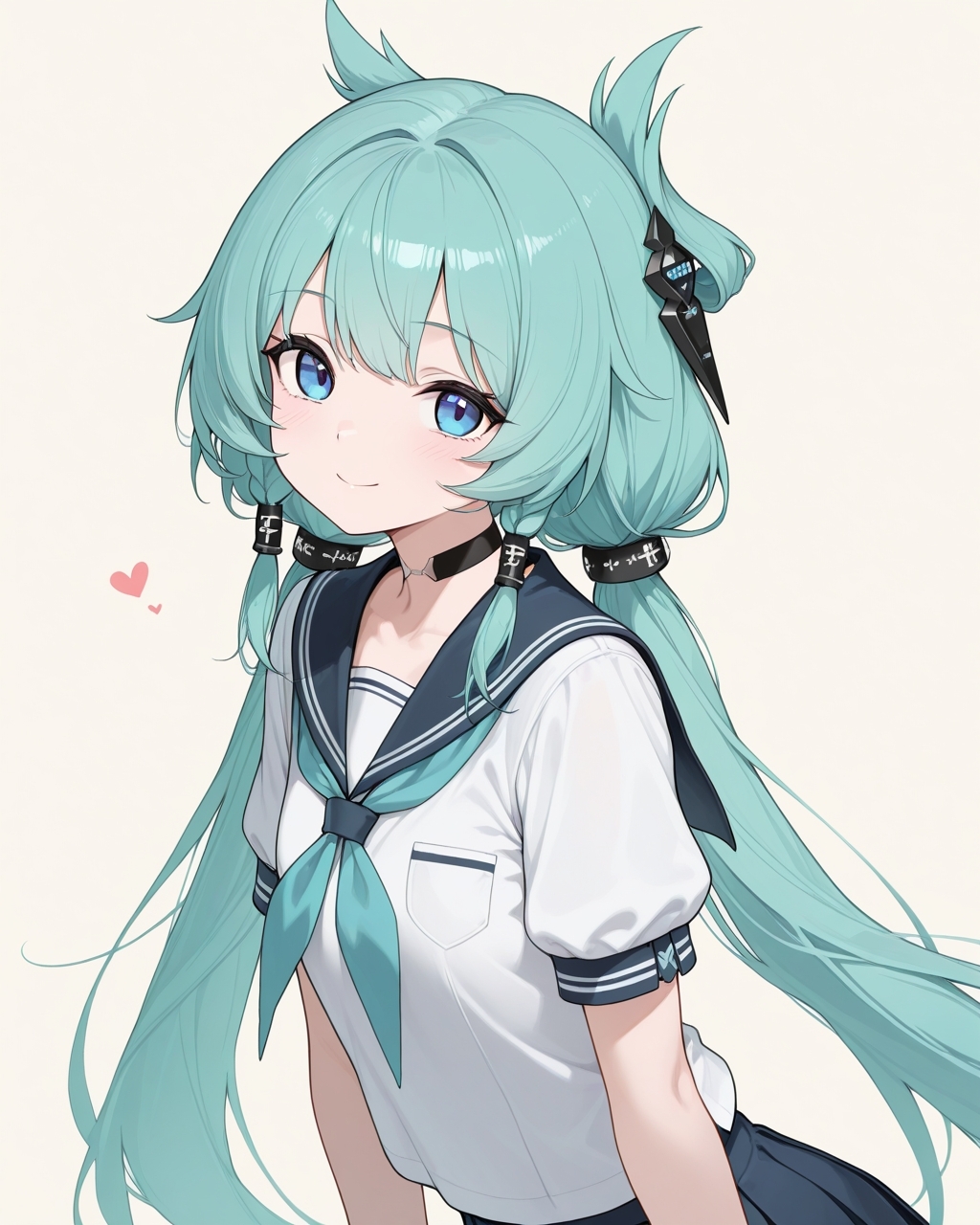masterpiece, best quality, highres, simple background, looking at viewer, smile,
1girl, osiris the innocence, aqua hair, blue eyes, low twintails, very long hair, hair ornament, serafuku, 
<lora:osiris_the_innocence_il_v1:1>