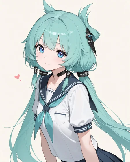 masterpiece, best quality, highres, simple background, looking at viewer, smile,
1girl, osiris the innocence, aqua hair, blue eyes, low twintails, very long hair, hair ornament, serafuku, 
<lora:osiris_the_innocence_il_v1:1>