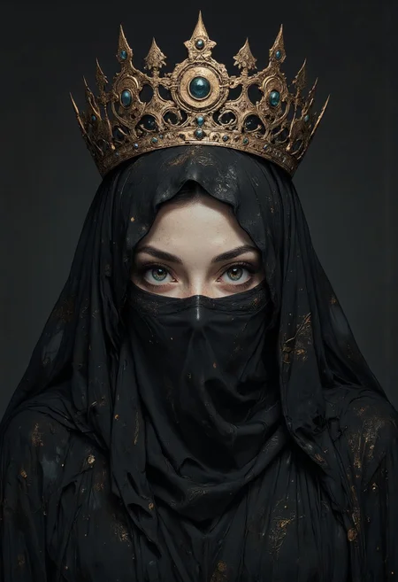 ((dark atmosphere, dark gray filter)) close up view
Dark Queen, gorgeous lips, dark red lipstick,((in a dark robe with her face completely hidden under a heavy fabric)). ((the eyes and the floor of the face are covered with a cloth))
On the head rises a luxurious crown with exquisite details. Gothic crown of the night queen.(The crown is tightly worn on the head) The atmosphere is dark and mystical, accentuated by dramatic lighting and deep shadows
high_detailed, captured in high detail