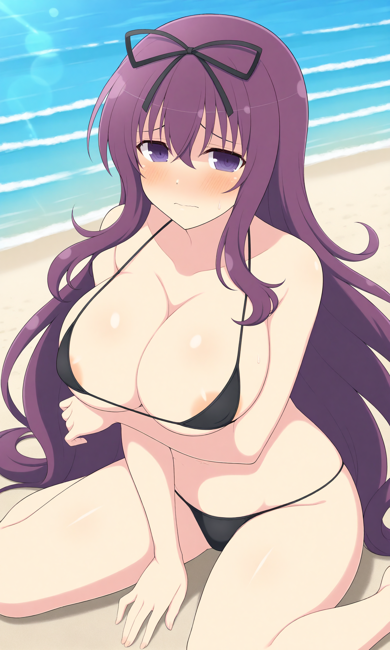masterpiece, best quality, high resolution, absurdres, 1girl, murasenran, purple_eyes, purple_hair, very_long_hair, large_breasts, hair_ribbon, black_ribbon, black_bikini, micro_bikini, embarrassed, outdoors, beach, water, day, areola_slip, arm_under_breasts, looking_at_viewer, wariza, sitting, from_above