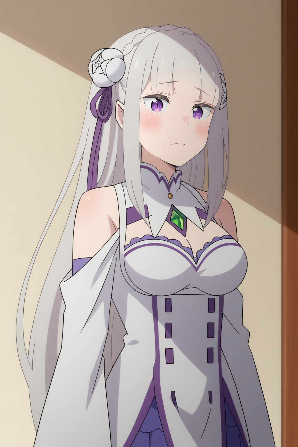 flat colors, score_8_up,  Emilia_season3, Emi_dress  <lora:COMMISSION_REZero-Emilia_season3-PDXL:0.8>