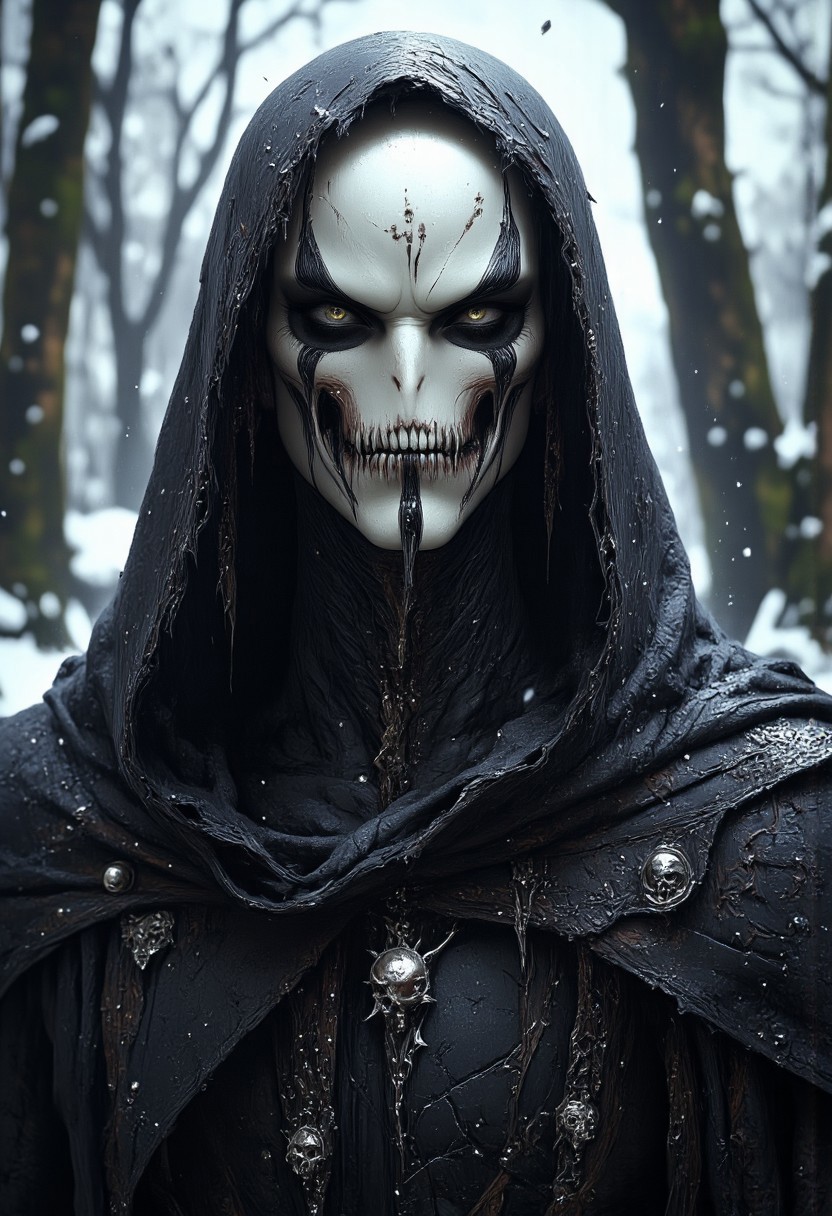 Image is a surreal and eerie portrait featuring a humanoid figure with a distinctive and unsettling appearance. The subject has a pale, elongated head with a pointed top, devoid of any facial features except for deep, hollow eye sockets and a vertical, jagged mouth that resembles a series of sharp, blackened teeth. The figure is draped in a dark, tattered cloak that contrasts starkly with the snowy, blurred background, enhancing the ominous and otherworldly atmosphere. The overall composition is minimalist, focusing on the stark and haunting presence of the figure against the desolate landscape.
 hyperdetailed photography, masterpiece, best quality, high quality, highres, ultra-detailed,best quality, 8K, high resolution, extreme detail, outstanding composition:1.4,,Masterpiece, 8k, HDR, best quality, photography, analog film, real life, extremely beautiful, highly detailed, intricately detailed, ray tracing, dramatic. professional photo 85mm lens for elegant body lines and fine skin detail with sharp subject,  <lora:FluxMythP0rtr4itStyle.safetensors:1.0>, mythp0rt <lora:DnDDarkestFantasy.safetensors:1.0>, ArsMJStyle, dnddarkestfantasy <lora:aidmaMJ6.1-FLUX-V0.1.safetensors:1.0>, midjourneyv6.1