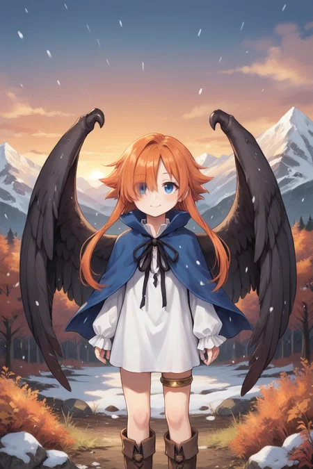 score_9, score_8_up, score_7_up, source anime, <lora:backgroundsetXL:0.3> , background, BREAK, solo, looking at viewer, <lora:No._367__Sannrokunanagou:0.7> , thrdef, 1girl, long hair, medium hair with long locks, (hair over one eye), wings, feathered wings, dress, white dress, short dress, blue cloak, popped collar, neck ribbon, black ribbon, center opening, long sleeves, thighlet, boots <lora:SnowStylePonyXL:0.7>, from side, sunset, looking at viewer, standing, upper body, outdoors, exterior, snowing, mountains, woods, treehouses, scenery, nature, orange hair, black wings, blue eyes, smile,
