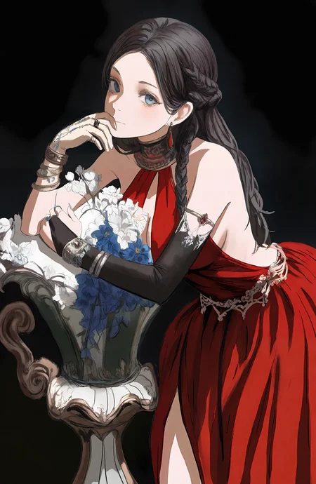 1girl, solo, long_hair, looking_at_viewer, blue_eyes, black_hair, gloves, dress, jewelry, bare_shoulders, braid, flower, elbow_gloves, bracelet, red_dress, ring, single_glove