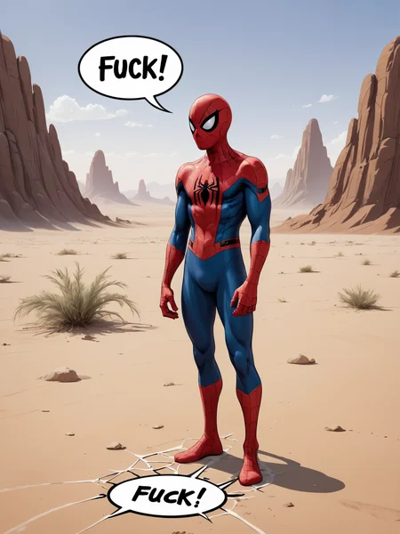Spider-Man standing in a vast desert, head down, sad, head in hands, comic strip speech bubble spells the word "FUCK", spider webs on the ground