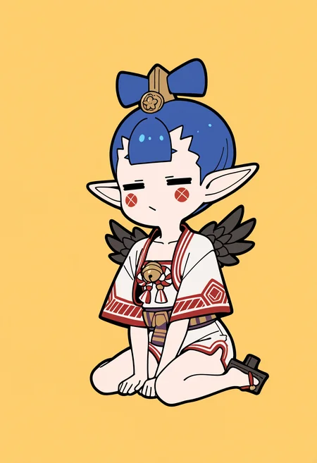 1girl, solo, chibi, wariza, closed mouth, = =, hand between legs, flat color, <lora:AmanozakoSMT-illu:1> am4n0, blue hair, short hair, hair ornament, pointy ears, facial mark, white jacket, open jacket, cropped jacket, collarbone, wide sleeves, japanese clothes, romper, shimenawa, jingle bell, sash, black wings, tengu-geta, yellow background, paper lantern, masterpiece, best quality, good quality, newest