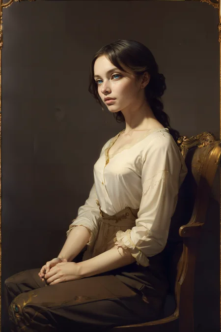 1girl, blonde hair, sitting, pants, (masterpiece:1.2), best quality, painting (by Abbott Handerson Thayer:1.2), portrait, symbolism, romanticism, (beautiful detailed eyes:1.6), extremely detailed face, |
perfect lighting,