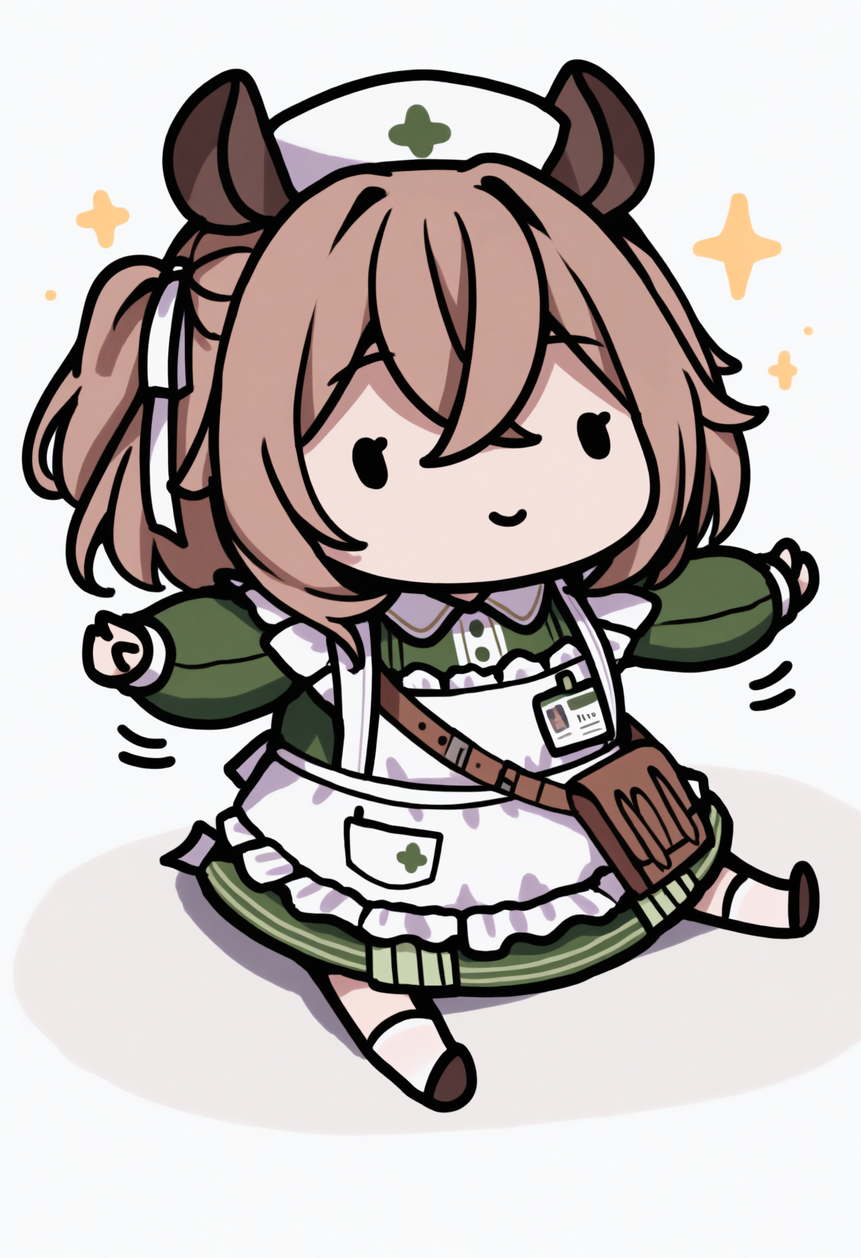 masterpiece, best quality, 1girl, solo, N1mi, brown hair, medium hair, crossed bangs, one side up, hair ribbon, white ribbon, animal ears, white hat, collared dress, green dress, long sleeves, frilled apron, white apron, id card, satchel, pocket, garter straps, white thighhighs, sitting, on floor, smile, dot eyes, sparkles, spread arms, chibi, meme, thick lines, simple background, white background, <lora:style_walfie_illustriousXL-GLoRA:1>, <lora:ChamNimiNightmareNoob:1>
