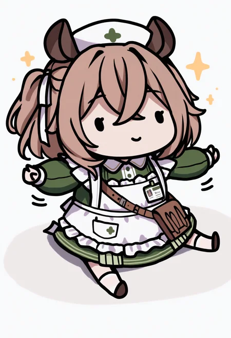 masterpiece, best quality, 1girl, solo, N1mi, brown hair, medium hair, crossed bangs, one side up, hair ribbon, white ribbon, animal ears, white hat, collared dress, green dress, long sleeves, frilled apron, white apron, id card, satchel, pocket, garter straps, white thighhighs, sitting, on floor, smile, dot eyes, sparkles, spread arms, chibi, meme, thick lines, simple background, white background, <lora:style_walfie_illustriousXL-GLoRA:1>, <lora:ChamNimiNightmareNoob:1>