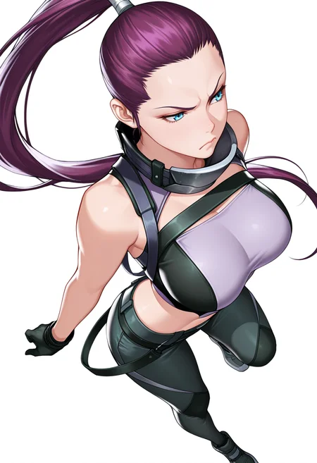masterpiece,high quality details, ultra realistic, high detailed skin,absurdres,
<lora:Tasha_CNR:0.8> tasha_cnr, 1girl, purple hair, very long hair, ponytail, blue eyes, large breasts, midriff, crop top, pants, harness, strap,black gloves, shoes,, simple background, white background, dynamic angle,solo,, frustrated,frown,