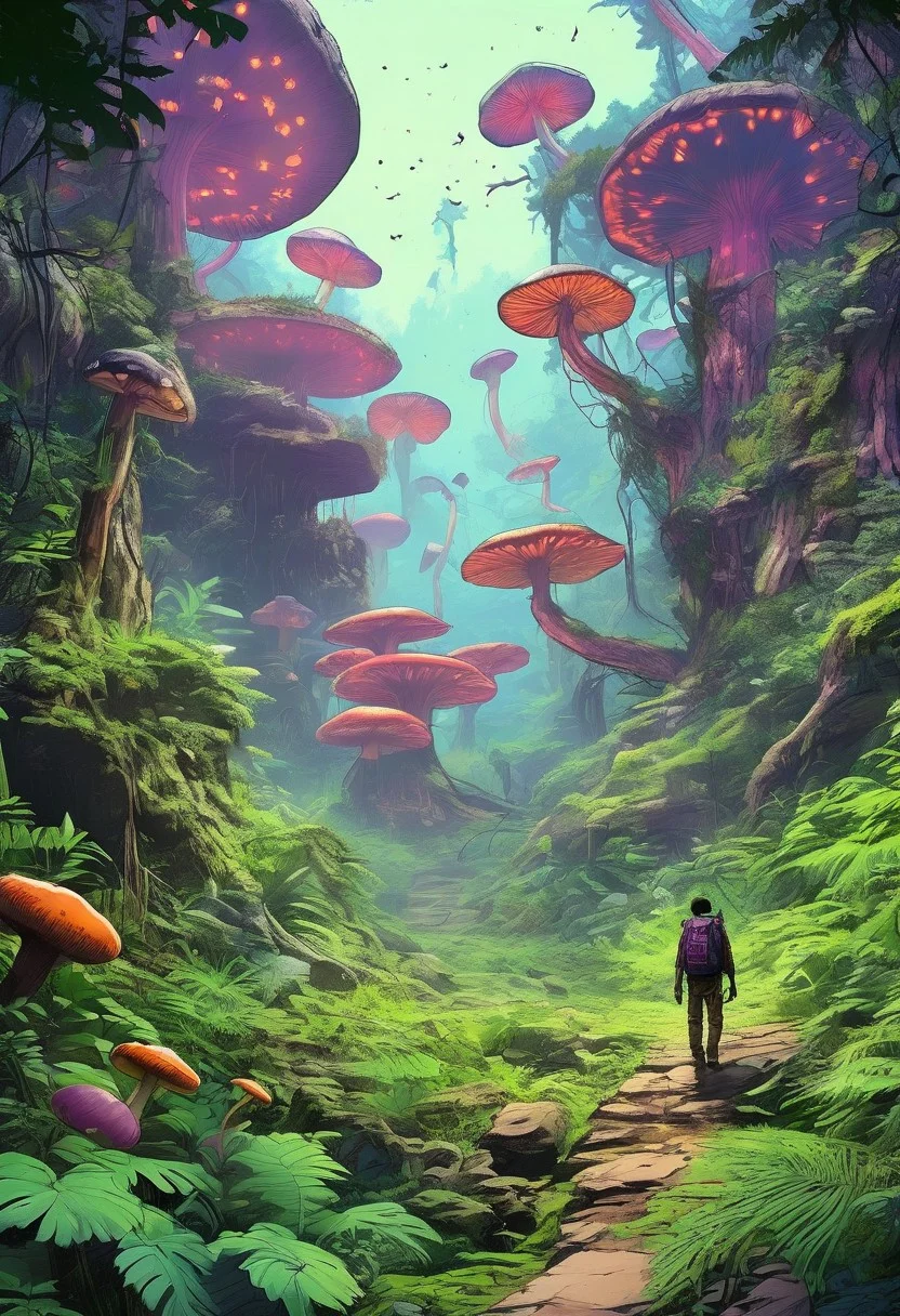 A lone traveler, walking through a dense, mystical forest , ancient forest, big plants, mushrooms, fern, Podophyllum, Colocasia, big leaf, rocks, wildflower, plane crash covered with plants, chopper, broken plane, crash landing, ancient, with towering ancient trees, glowing plants, glowing lights, neon, neon light, and a distant light guiding the way, scary, horror, cinematic, epic, poster, digital painting, green, orange, purple, blue, dark colors, intricate details, adventure, science fiction, Asaf hanuka, uplight, 35mm