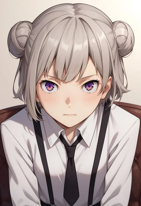 score_9, score_8_up, score_7_up, score_6_up, atsushi_nakajima, 1girl, solo, genderswap, female, koharu rikka, grey hair, purple eyes, short hair, double bun, white shirt, long sleeves, black necktie, suspenders, black pants, source_anime, best quality, masterpiece