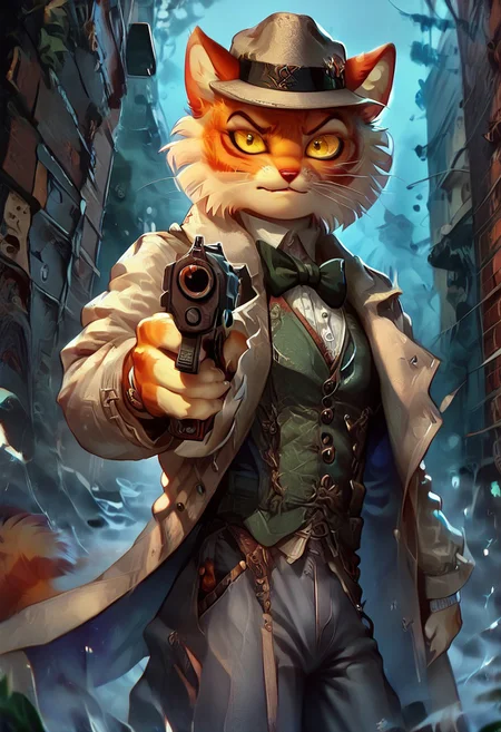 score_9, score_8_up, score_7_up, nsfw, Calvin [Lackadaisy], Calvin Mcmurray [Lackadaisy], Freckle [Lackadaisy], orange cat, orange fur, striped pattern, striped, white accents. (male anthro cat:1.3), furry, furry anthro, solo, skinny build, thin build, 
clothing, clothed, green bowtie, bowtie, green vest, vest, white shirt, shirt, grey pants, pants, grey trousers, trousers, trench coat, tan fedora, gangster hat,
half-closed eyes, intense, serious, hands, dutch angle, posing, from front, seductive pose, seductive smile, looking at viewer, standing, aiming pistol,
BREAK
outside, urban alley, alleyway, brick wall, darkness, shadows, cinematic,