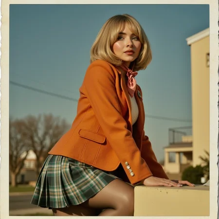 Faded Polaroid Photo, analog film photo <lora:AshleyR4:0.8> a close up, a candid, half body shot, close up shot, aslx, costume, aslx, a woman wearing an ashley graham costume with orange jacket, plaid skirt, blond hair styled in a bob, she's in creepy town, leaning on a wall, ultra detailed, ultra realistic, ultra quality, cinematic, cinematic lighting, ultra detailed <lora:SAbrina Carpenter-V1x1:1> s4br1n4c . faded film, desaturated, 35mm photo, grainy, vignette, vintage, Kodachrome, Lomography, stained, highly detailed, found footage, analog, old faded photo, old polaroid, RAW candid cinema, 16mm, color graded portra 400 film, remarkable color, ultra realistic, textured skin, remarkable detailed pupils, realistic dull skin noise, visible skin detail, skin fuzz, dry skin, shot with cinematic camera