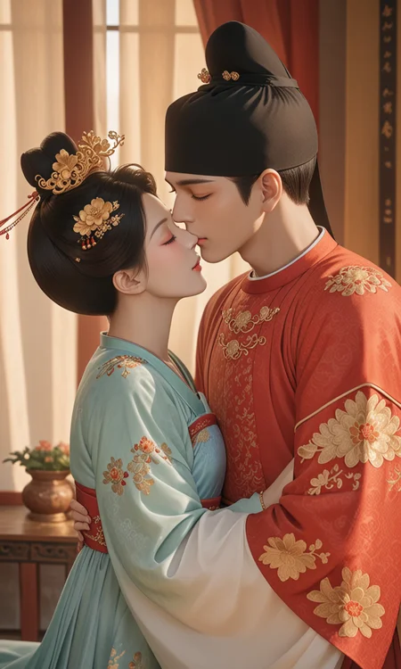 Top photography works, masterpiece, best quality, newest, absurdres, highres,
(gsfh, 1girl and 1boy, kiss, couple, hetero, lyz and lc, lyz at left, lc at right),
(1girl/lyz, princess, hanfu, bracelet, closed eyes, long sleeves, single hair bun, earrings, chinese clothes, black hair, hair bun, flower, hair ornament, jewelry),
(1boy/lc, Round-collar robe, hat, hanfu),
architecture, bed, curtain, close-up,
masterpiece, best quality, amazing quality, very aesthetic, absurdres, newest, haute couture,
light from one side, dark shadow,