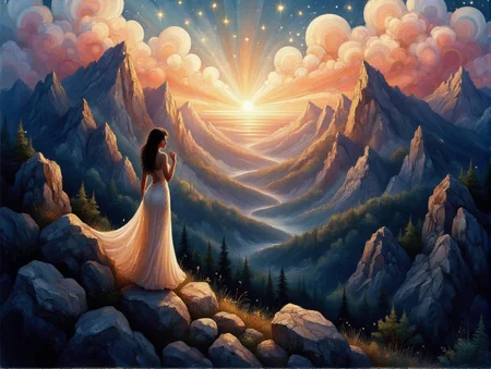 <lora:ck-swirlycircles-000015.safetensors:1> digital artwork in the style of ck-swc
In the heart of a twilight landscape, where the pastel hues of the setting sun blend with the soft, diffused light, a seductive tableau unfolds. The jagged mountain peaks, bathed in a warm, rosy glow, stand as silent sentinels over the sprawling valleys below. The scene is a study in contrasts, where the crisp, defined edges of the mountains meet the flowing, sinuous curves of the valleys, creating a dreamlike atmosphere.
At the base of a particularly steep incline, a woman stands, her figure a captivating blend of grace and allure. She is in her mid-thirties, with deep, caramel skin that glows under the fading light. Her long, raven hair cascades down her back, framing her ethereal face. She wears a flowing, sheer dress that clings to her curves, the fabric translucent in places, revealing glimpses of her lithe form. Her pose is one of playful invitation, one hand resting lightly on a weathered rock, the other gently brushing a stray lock of hair behind her ear.
The light casts long, suggestive shadows, accentuating her silhouette and adding a layer of mystery to the scene. The delicate brushwork and harmonious color distribution evoke a sense of Romanticism, where nature and human beauty merge seamlessly. The precise rendering of textures, from the rough, jagged rocks to the soft, flowing fabric, highlights the artist's meticulous attention to detail. The composition, a perfect blend of realism and fantasy, invites the viewer to explore the depths of this ethereal world, where beauty and seduction intertwine.