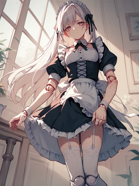 score_9, score_8_up, score_7_up, score_6_up, source_anime, <lora:doll_joints_v0.1-pony:1.0>
1girl, long hair, solo,
doll joints,
maid, thighhighs, garter straps,