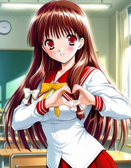 masterpiece, best quality, amazing quality, very aesthetic, high definition, absurdres, official art, ultra detailed,
1girl solo, ouse_yumiko, long hair, brown hair, red eyes, tress ribbon, medium breasts BREAK school uniform, serafuku, red sailor collar, pleated skirt, yellow bow,
blush, smile, parted lips, looking at viewer, standing, pinup, heart hands, in classroom, upper body, sharp focus, depth of field, highly detailed<lora:ouse yumiko v1.0-000018:1>