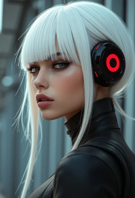 Cyber Beauty. cyber beauty The image is a highly detailed, cyberpunk aesthetic. The subject is a woman with light skin and long, stylized appearance. Her face is depicted in a side profile, facing left. Her skin is a deep brown, platinum blonde