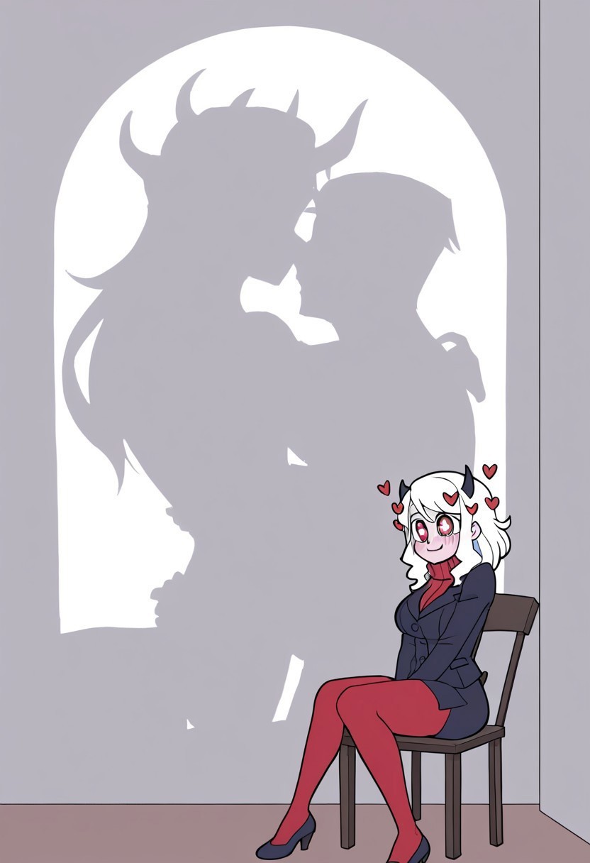 masterpiece, best quality, newest, absurdres, highres, anime, anime style, CCH-IL.V1.0-SH, implied sex, silhouette, shadow, chair, sitting on chair, sitting, silhouette sex, 
BREAK 1girl, modeus (helltaker), white hair, horns, hearts, symbol shaped pupils, 
