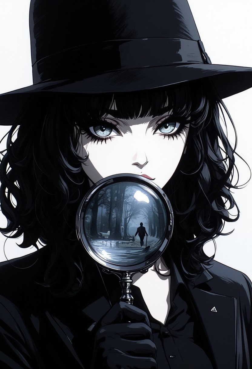 A pen and ink style expressionism painting. Portrait of a female detective scowling into a magnifying glass. The glass is crystal clear, showing a water portal through the glass. The detective is wearing a black suit and fedora that emanates her shadowy figure. 
Anime art of Detective draped in shadows with a lighting that enhances her unique features. Haunted house setting. Haunted expression, Haunted atmosphere. Ultra detailed artistic abstract. sbfte, de01, detail eyes, magic eyes, 8k.