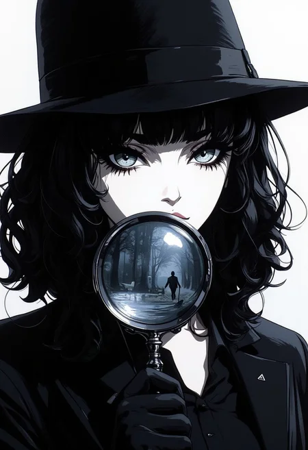 A pen and ink style expressionism painting. Portrait of a female detective scowling into a magnifying glass. The glass is crystal clear, showing a water portal through the glass. The detective is wearing a black suit and fedora that emanates her shadowy figure. 
Anime art of Detective draped in shadows with a lighting that enhances her unique features. Haunted house setting. Haunted expression, Haunted atmosphere. Ultra detailed artistic abstract. sbfte, de01, detail eyes, magic eyes, 8k.