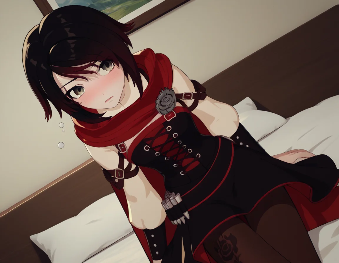 score_9, score_8_up, score_7_up, source_anime, <lora:ruby-rose-ponyxl-lora-nochekaiser:1>, ruby rose, short hair, black hair, red hair, grey eyes,, dress, pantyhose, cape, corset, belt,, indoors, bed, bed room, on side, blush, drunk, looking at viewer, solo, cowboy shot, dutch angle