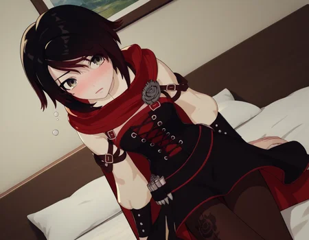 score_9, score_8_up, score_7_up, source_anime, <lora:ruby-rose-ponyxl-lora-nochekaiser:1>, ruby rose, short hair, black hair, red hair, grey eyes,, dress, pantyhose, cape, corset, belt,, indoors, bed, bed room, on side, blush, drunk, looking at viewer, solo, cowboy shot, dutch angle