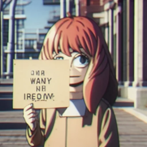 Homeless on street
Anya forger looking at you with puppy dog eyes Holding sign that says "need buzz for a time machine. Had it in the past!" Floresent sparkly fairy like background with cats everywhere any has a slight humble smile. The sun is shining in the back