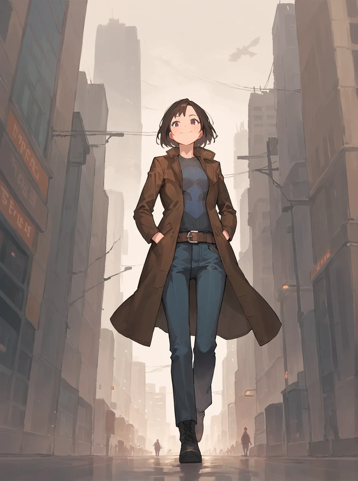 score_8_up, score_7_up, score_6_up, source_anime, 1girl, solo, city, walking, from below, black boots, hands in pocket
smile,
brown coat, belt, pants <lora:Postal_Dude:1>